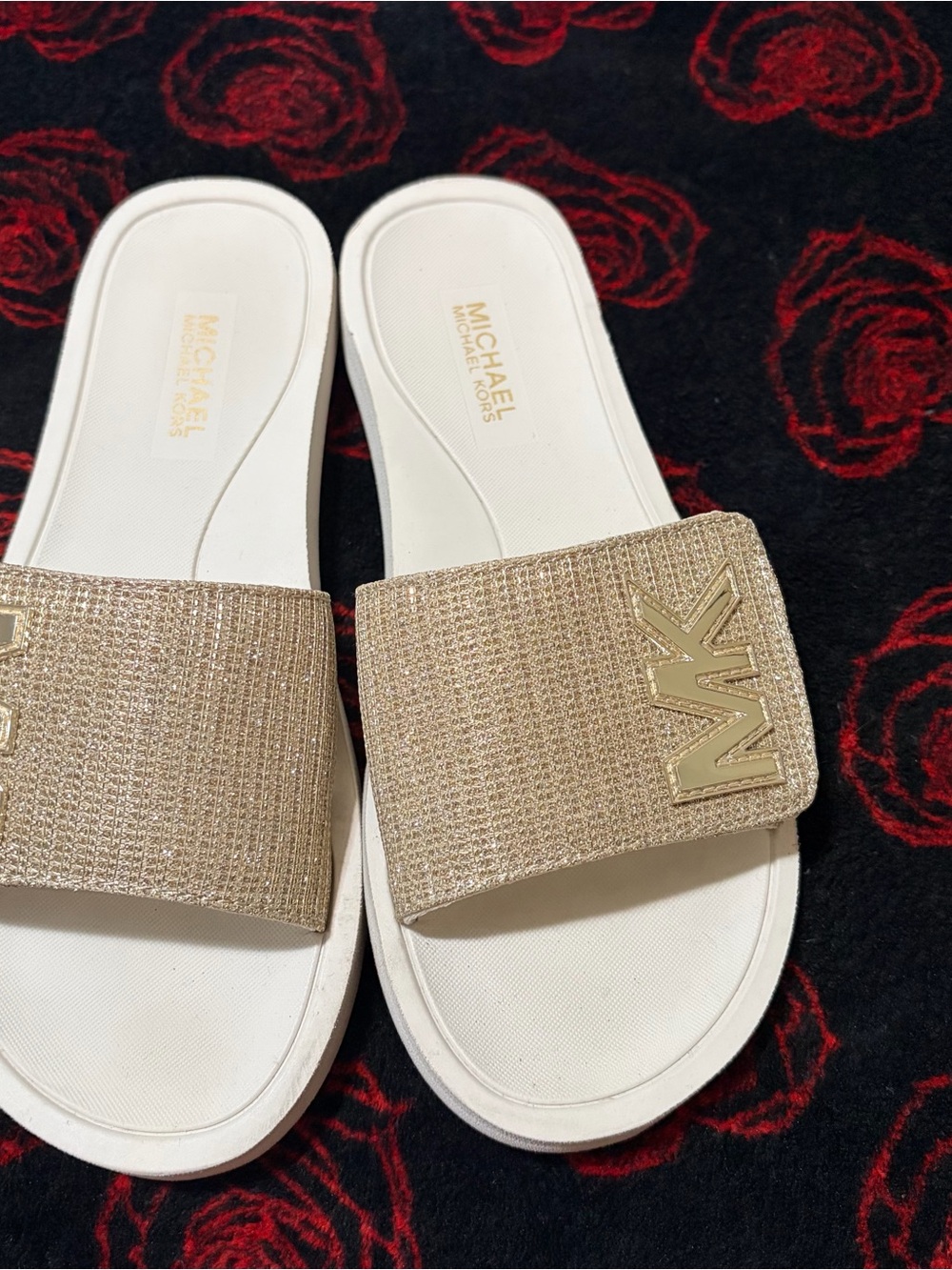 Michael Kors Women's Gold Metallic Slide Sandals with White Footbed